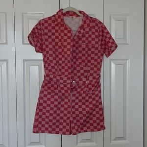Pink checkered utility romper with buttons and pockets